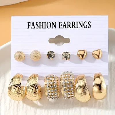 6 Pairs Golden Crystal Chunky Hoop Earrings
